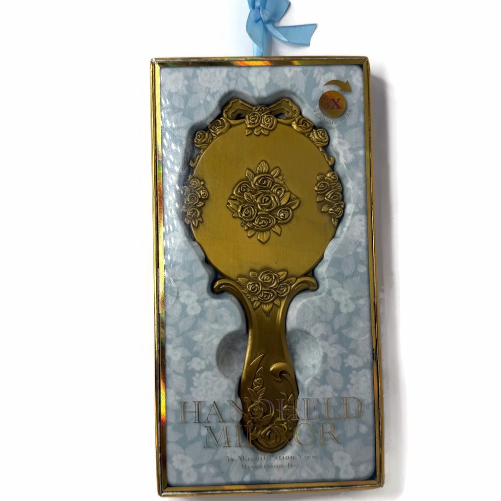 Ornate Brass-Tone Roses Oval Handheld Mirror